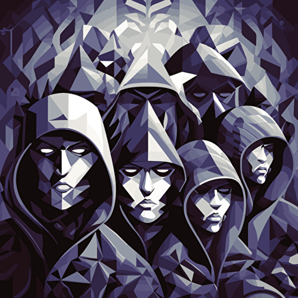 black ezquisite vector art, pop surrealism, hooded cabal of conspirators, in the style of Victor Vasarely, Olivier Coipel, Iris Compiet, highly detailed, James Gilleard, Genndy Tartakovsky, Tamara de Lempicka, insane detail