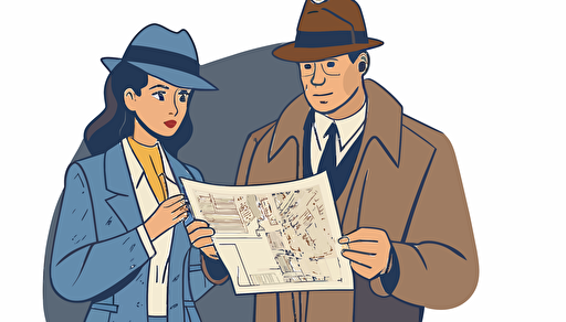 A women holding a piece of paper, showing it to a man dressed as a detective. flat style illustration for business ideas, flat design vector, industrial, light color pallet using a limited color pallet, high resolution, engineering/ construction and design, colored cartoon style, light indigo and light gold, cad( computer aided design) , white background