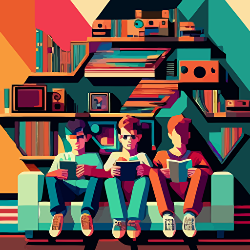 3 young, in the ´90, sitting on a couch. The walls have posters of rock bands. There is a shelf with stacked records. vectorial art geometric, similar Tom Whalen