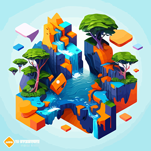 Vector logo of a cascading waterfall with floating islands with gadgets made of jigsaw puzzles, blue and orange