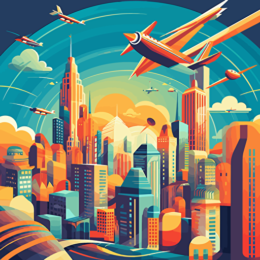 a vector art of planes flying above a futuristic city. Utopian, bright, happy