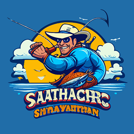 Logo retro design for an offshore fishing and boating charter company called "Saltwater Cowboy Charters" that features a panoramic battle with a superman comic book style cowboy smilling wearing sunglasses, holding a fishing pole, riding on top of a cartoon style blue marlin, flat, vector, 2D