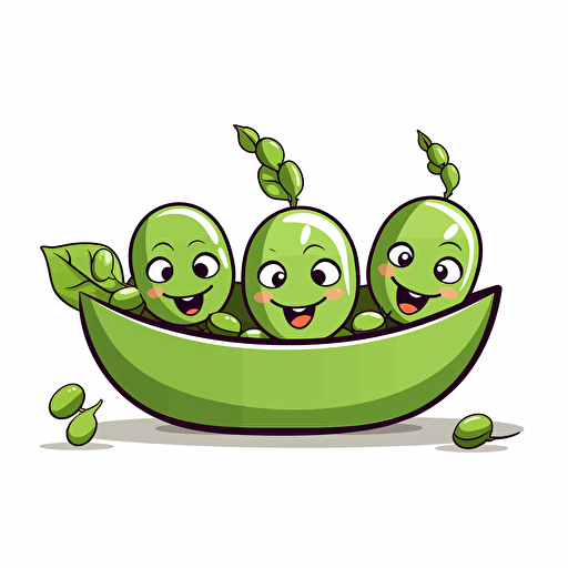 3 peas sitting in a pea pod with peaceful happy faces, simple, cute, vector, cartoon, white background.
