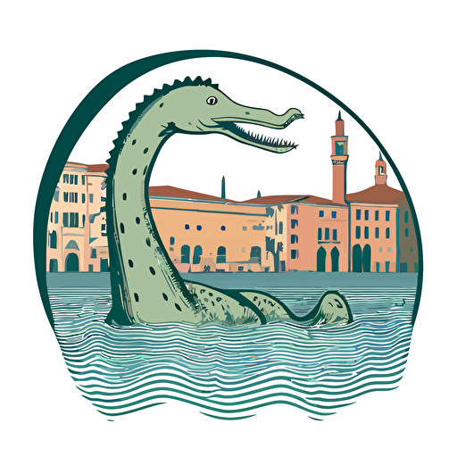 lochness monster in the canals of venice, vector logo, vector art, emblem, simple cartoon, 2d, no text, white background