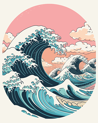wave, minimalistic, retro aesthetics, vector image, sticker, pastel pantone colors, white background