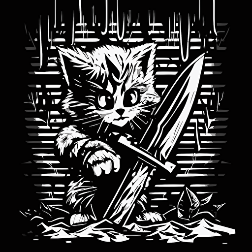 black and white vector illustration of cute cat. 80s style slasher theme