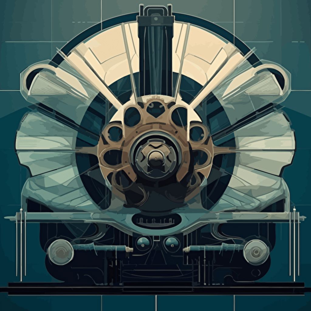 an engine, art deco, geometrical shapes, skin of glass and concrete and brass, blue tint, vector art