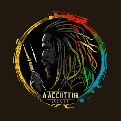 Circular vector logo with a african painter holding a paint brush with long dreadlocks mustach, goatee, black background, creative style