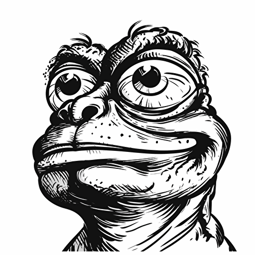 black and white vector drawing of pepe frog meme cartoon style, head only, smirking
