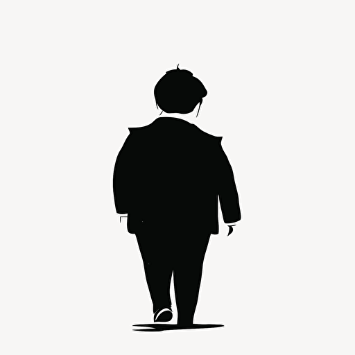 Black and white. back view of a fat kid wearing a buisness suit standing. Simple Vector Art. White background