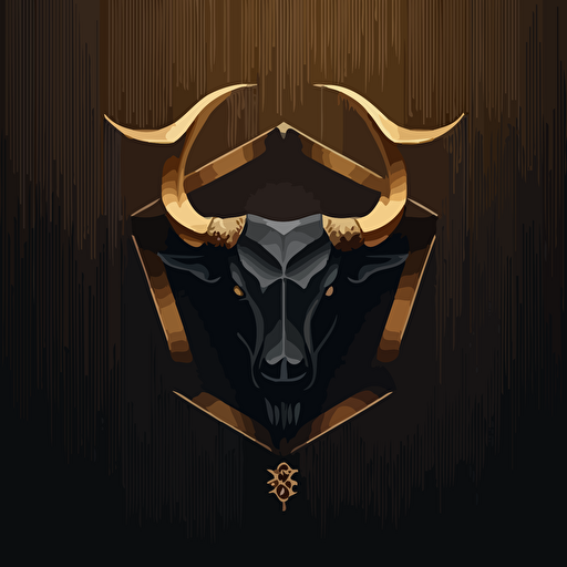 Black bull face silhouette, in a golden hexagon, and a minimalist crown above the hexagon, vector.