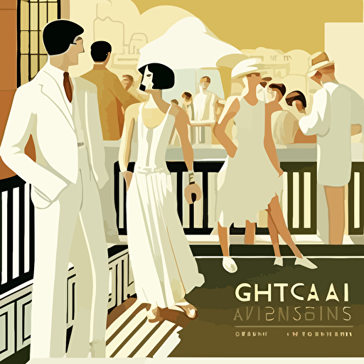 1920's advertisement summer party on a rooftop terrace in barcelona where people are all dressed in white, art deco, vector, minimalistic