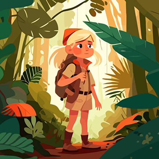 VECTOR ILLUSTRATION FOR A CHILDRENS BOOK. young blonde girl, jungle scene, explorer, rain forrest, vector art, colorful, 1sr person camer angle. golden hour