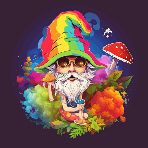 smoking elf, marijuana leaf on background, mushrooms, rainbow, fantasy, vector logo