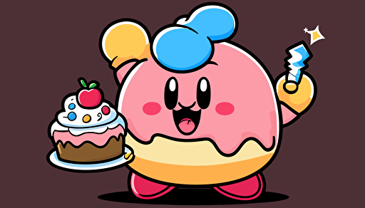 kirby holding a birthday cake, vector art, flat backgound,