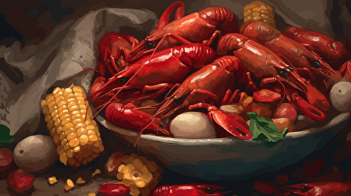 a close up of a crawfish boil, mixture of crawfish, corn cobs, sliced saugages, small red potatoes, vector, oil painting style