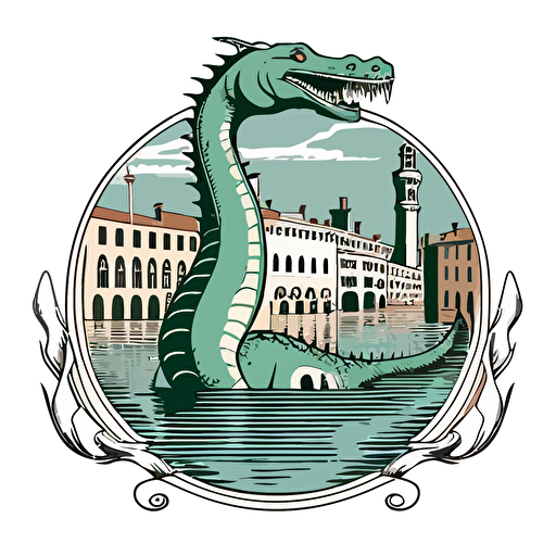 lochness monster in the canals of venice, vector logo, vector art, emblem, simple cartoon, 2d, no text, white background