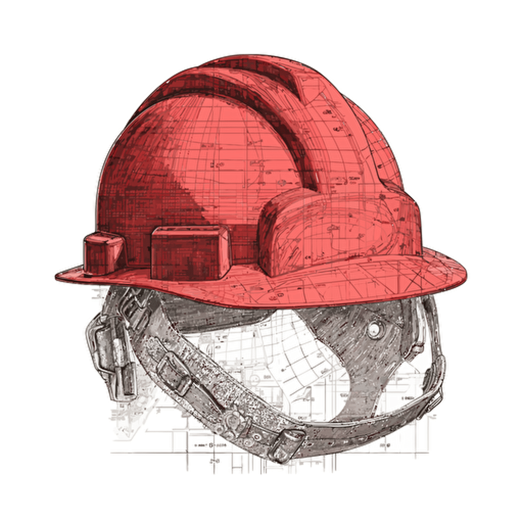 sketched, unfinished blueprint vector drawing of a red hard hat on a simple white background. Eye-Level Shot