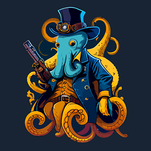 vector illustration, octopus holding a rifle, wearing indiana Jones style clothes, blue, yellow, white, color scheme