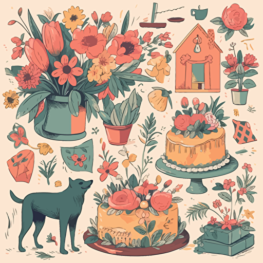 Print illustration of flower bouquets, Mothers, birthday cake and presents and pets and birthday scenes by GrapeStudio, card collection vector set, creativemarket