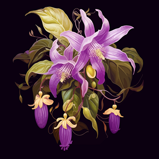 Ylang Ylang & Patchouli illustration, 2d vector, purples,