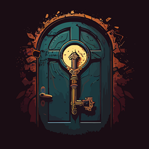 illustration of a door with a big keyhole and a key close to it. Vector. Moody