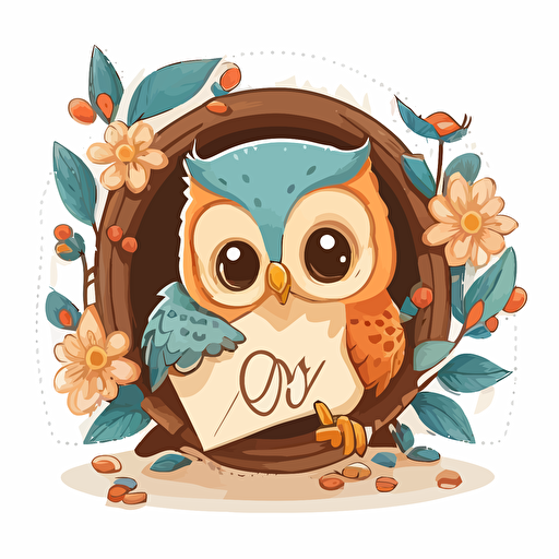 sticker flat vector art,2D kawaii, baby owl sitting on the letter O,cute,colorful disney-inspired