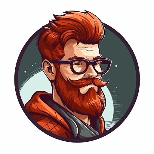 a brown hair, red beard man, with glasses, looking aside, logo, rounded, vector
