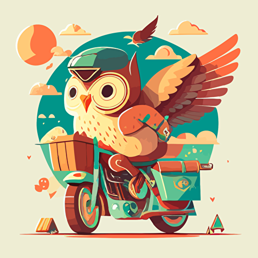 happy owl delivers on a motorcycle, flat style, picture, cartoon, vector