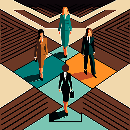 Four women in business suits, as top managers, at the top of the carpet floor, vector illustration