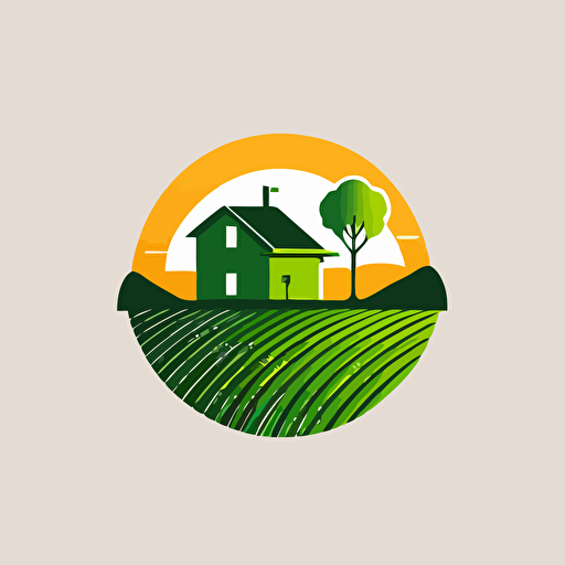 Vector logo, minimalist, feed house, Green fields, sun