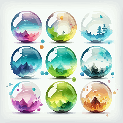 Collection of twelve transparent exploding marbles with a small town inside. Nature is represented. Vector styling. Very colored. White background