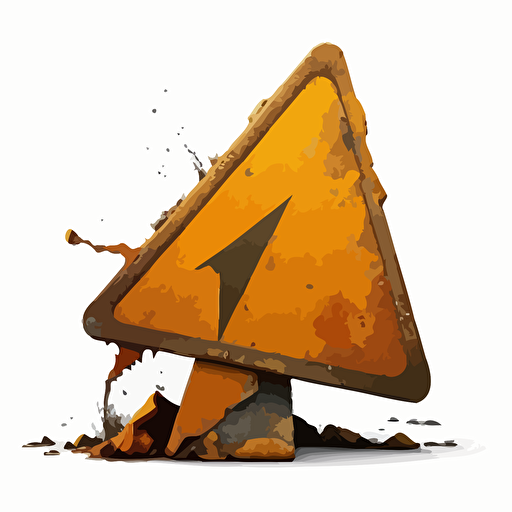 a decaying traffic warning sign, freestanding but tilted to the side like it's been hit by something, and then abandoned for years, vector, no background