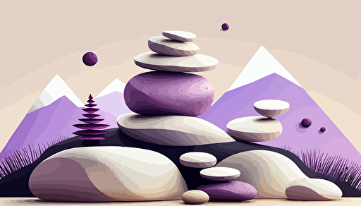 white waving hills serene nature clean health vector stacked balancing stones small purple accents