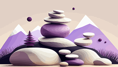 white waving hills serene nature clean health vector stacked balancing stones small purple accents