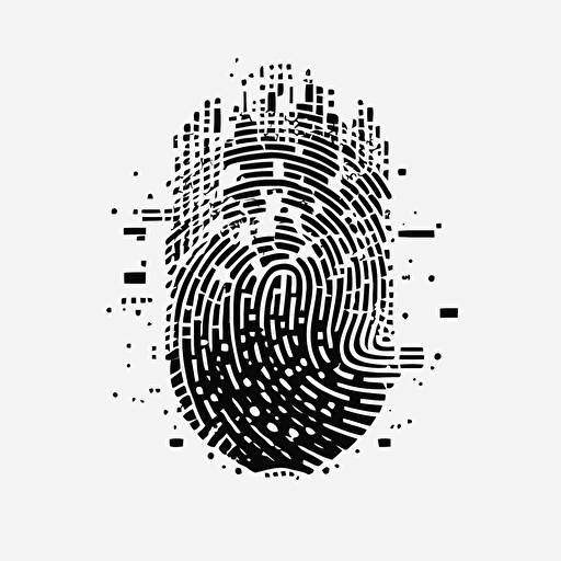 a pixelated futuristic iconic logo of a fingerprint made of circuitry, black vector on white background.