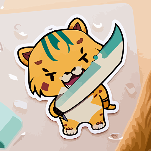 die-cut sticker, cute kawaii golden saber tooth tiger sticker, white background, illustration minimalism, vector, oceanic tones.