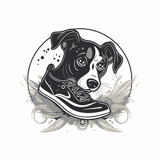 vector logo for a dog organization. Dog is wearing running shoes. Black, white, and grayscale.