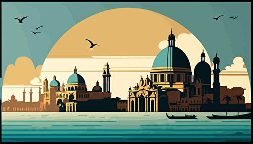 Skyline of Venecia in the sunset, wide view, inspiring image, vectorial style, 5 colours, high quality, soft blue palette