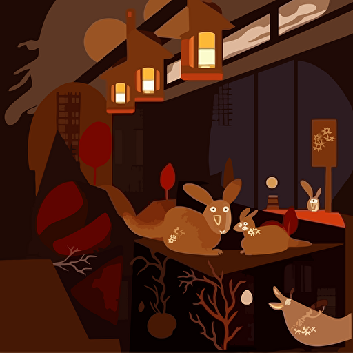 walls decorated with rabbit and moon vectorial contemporary symbols in warm autumn colors