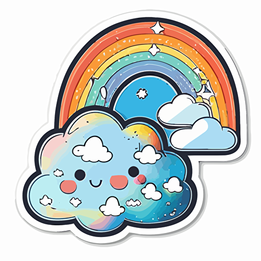 sticker vector design, digital art style, kawaii cloud and rainbow, white outline, highly detailed