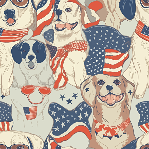 vector illustration of two dogs having fun, USA Flag Colors, 4th of July Theme