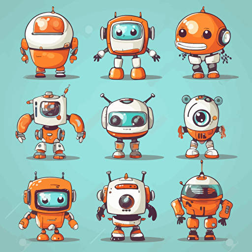 little cute robot, vector cartoon, flat, different positions, different emotions, high quality