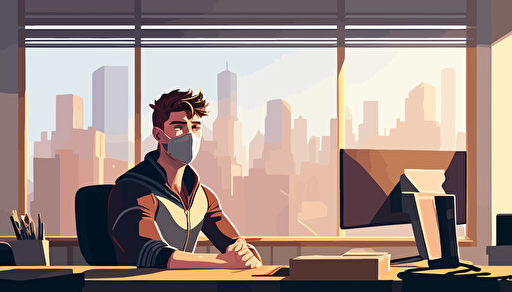 Young Man wearing face mask looking straight into camera sitting behind a studio desk wide angle shot in a room with big windows showing Buildings in a Brightly lit room, Vector style image, highly detailed