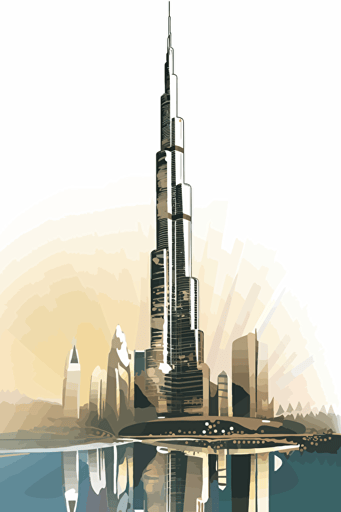 burj khalifa dubai, vector art, wistful, 1960s, shiny, reflective sun,