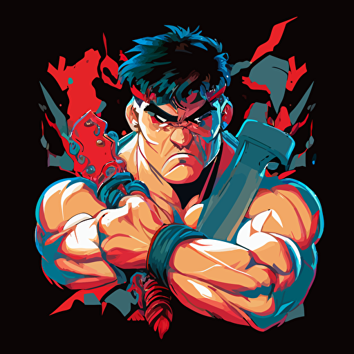 RYU from street fighter Nintendo game holding a jaws of life tool, intense look on face, vector art, cartoon, clean, American traditional style,