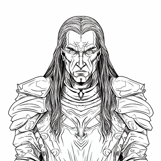 character illustration of Lord Soth, a villain from the Dragonlance novels, frontal looking, minimal, outline strokes only, black and white, logo, vector, minimalistic, white background.