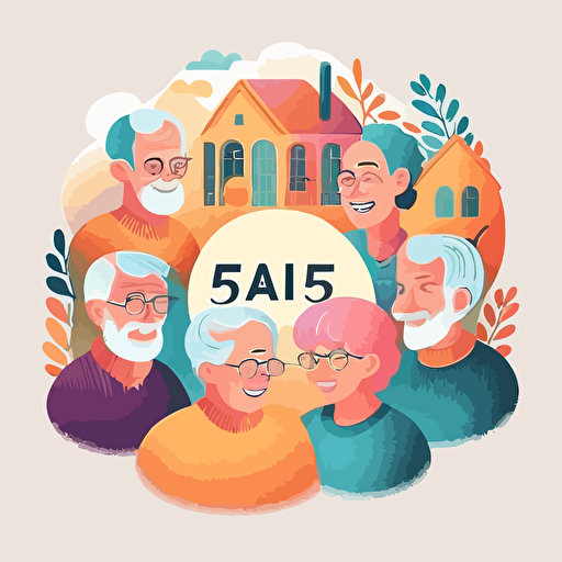 group of 50 years old people building a community project, talking, smiling, pastel colours, vector illustration style