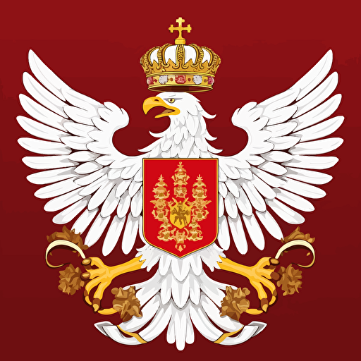 vector symbol of white eagle with golden crown without any additional elements under white tail and on the eagle's body, giant, winning, modern, placed on red shield, similar to coat of arms of Poland, about year 1790