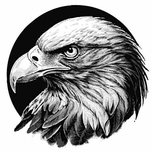 an eagle head vectorized drwing in black and white in a circular shape